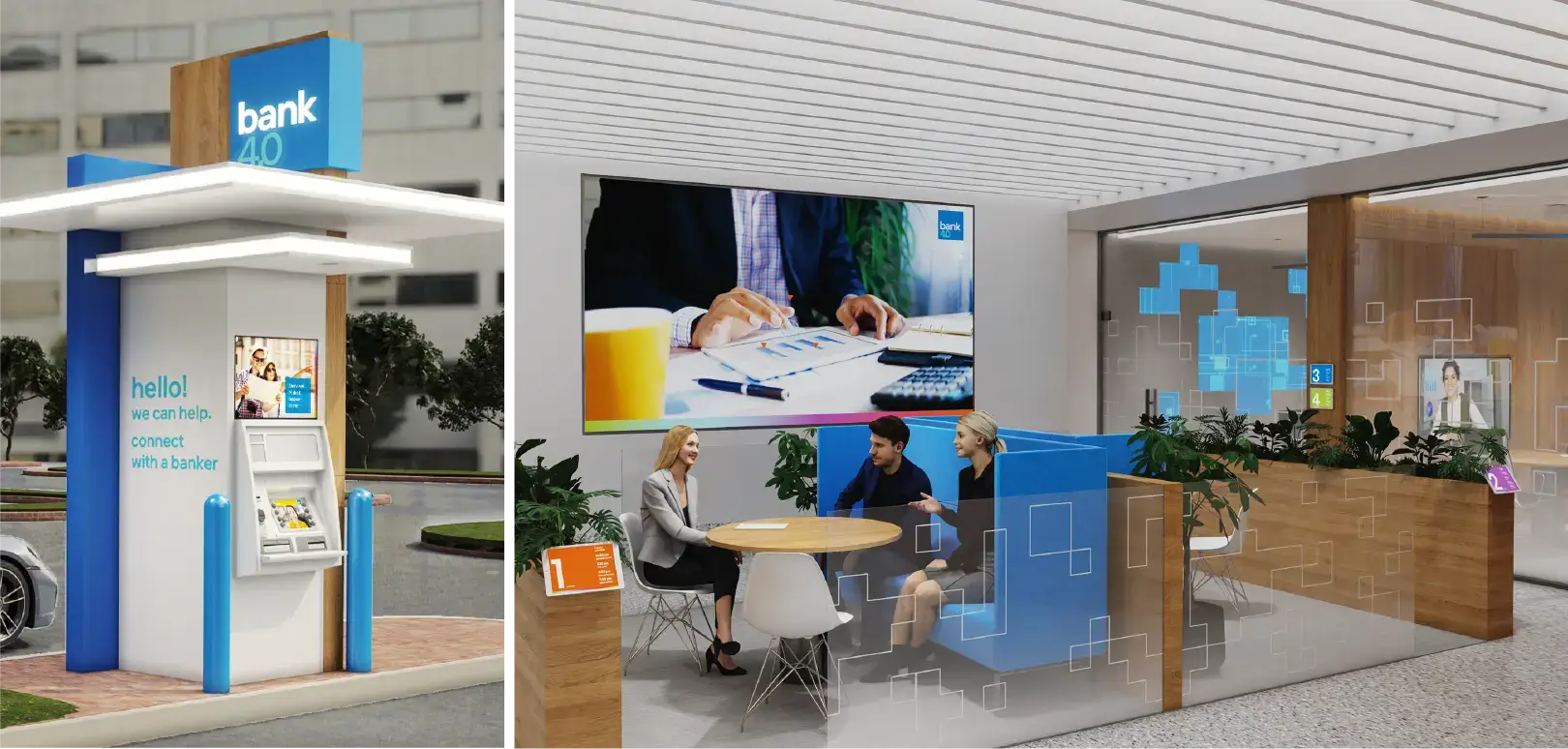 Intel Interactive projection of people smiling and talking to an advisor in their store