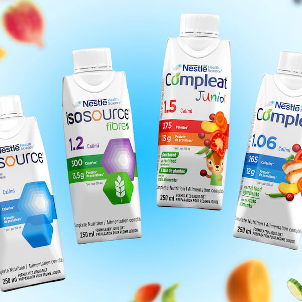 Nestle Health Science 4 drink packaged bottles on blue sky background with blurry fruits