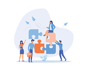 employees putting pieces of a puzzle together on a white and blue background
