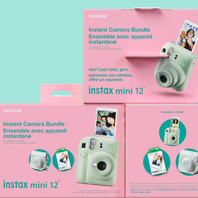 INSTAX FUJIFILM pink package on pastel green background