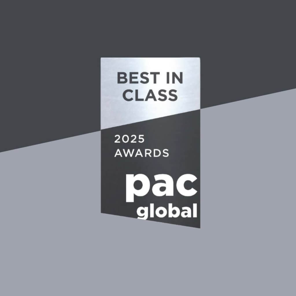 A logo for the "Best in Class" award from the 2023 Pacific Awards Global, indicating recognition for excellence in a specific field or category.