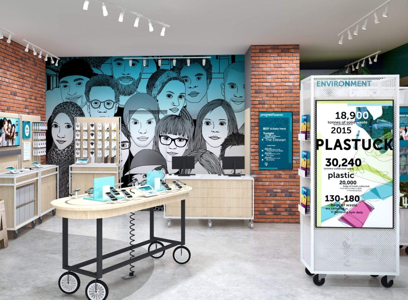 An image of a store interior featuring a large mural on the wall, a display case with various items, and a counter with a sign that reads "SERIA".